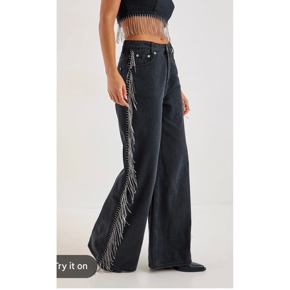 WeWoreWhat Wide Leg Chain Fringe Jeans Washed Black Size 32 High Rise Western